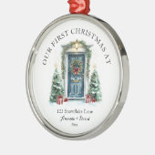 パーソナライズされた初めてのクリスマスアットザニューホーム メタルオーナメント (左)
