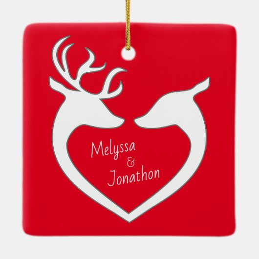 パーソナライズされた初めてのクリスマストナカイ対レッド セラミックオーナメント (裏面)