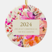 パーソナライズされた初めてのクリスマスピ結婚したンクフローラ セラミックオーナメント (正面)
