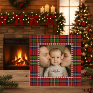 パーソナライズされた初めてのクリスマスフォトタータンチェックカード