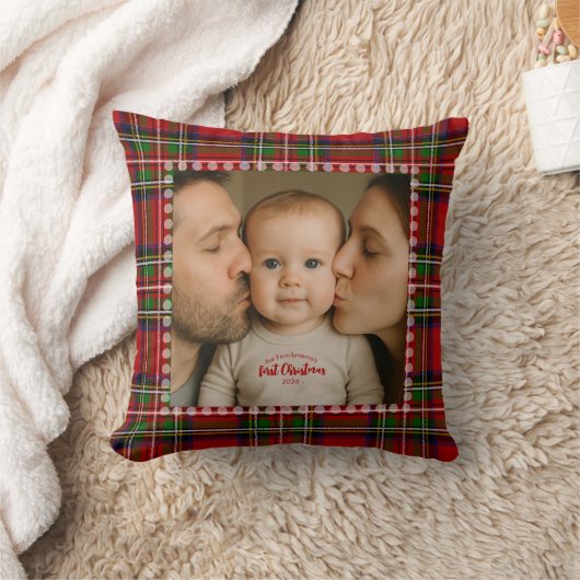 パーソナライズされた初めてのクリスマスフォトタータンチェック クッション (ブランケット)