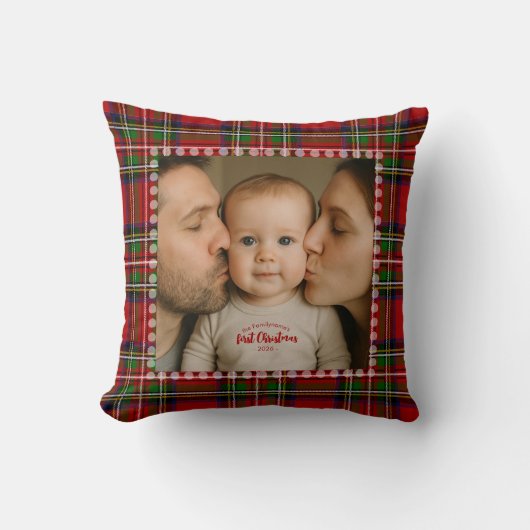 パーソナライズされた初めてのクリスマスフォトタータンチェック クッション (正面)
