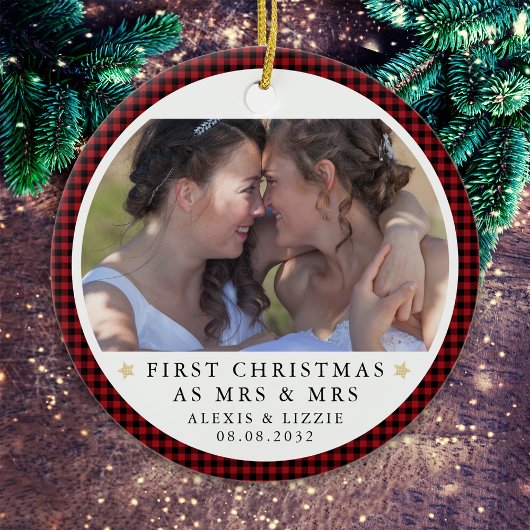 パーソナライズされた初めてのクリスマスミセス&ミセス写真 セラミックオーナメント