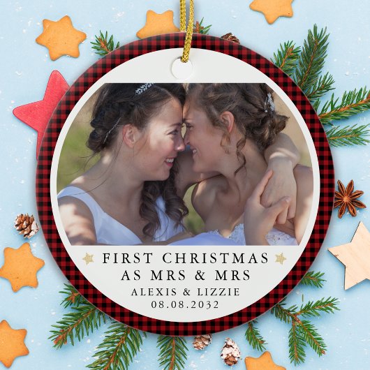 パーソナライズされた初めてのクリスマスミセス&ミセス写真 セラミックオーナメント