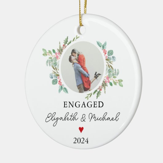 パーソナライズされた初めてのクリスマス婚約したフェスティバル写真 セラミックオーナメント (左)