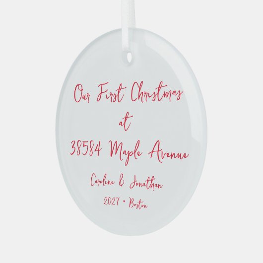 パーソナライズされた初めてのクリスマス新しいホームアドレス赤 ガラスオーナメント (正面左)