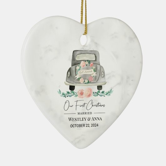 パーソナライズされた初めてのクリスマス結婚したオーナメント車 セラミックオーナメント (右)