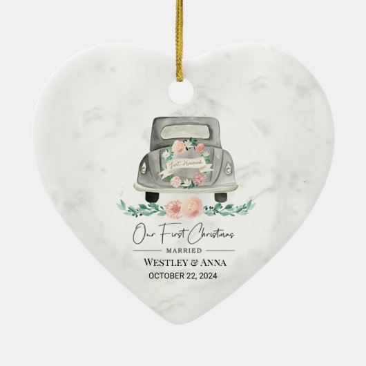パーソナライズされた初めてのクリスマス結婚したオーナメント車 セラミックオーナメント (裏面)