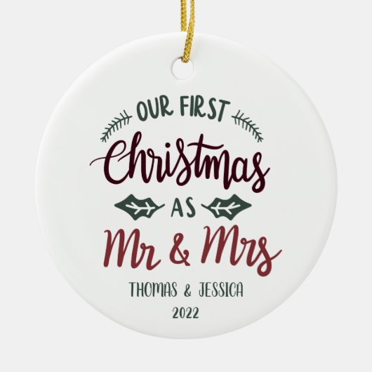 パーソナライズされた初めてのクリスマス結婚したオーナメント セラミックオーナメント (正面)