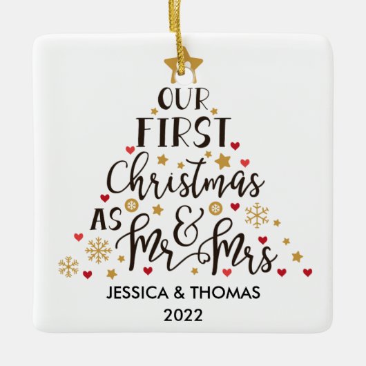 パーソナライズされた初めてのクリスマス結婚したオーナメント セラミックオーナメント (正面)