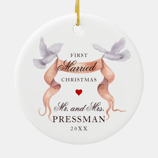パーソナライズされた初めてのクリスマス結婚したペアの鳩 セラミックオーナメント (裏面)