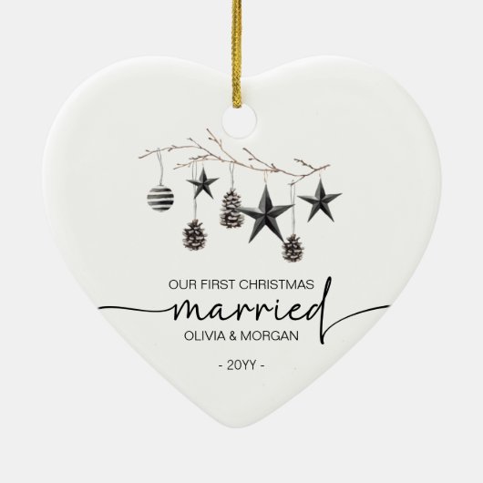パーソナライズされた初めてのクリスマス結婚した名 セラミックオーナメント (裏面)