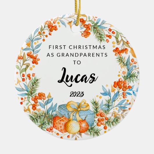 パーソナライズされた初めてのクリスマス セラミックオーナメント (正面)