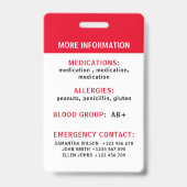 パーソナライズされた医療アラートカード バッジ (裏面)