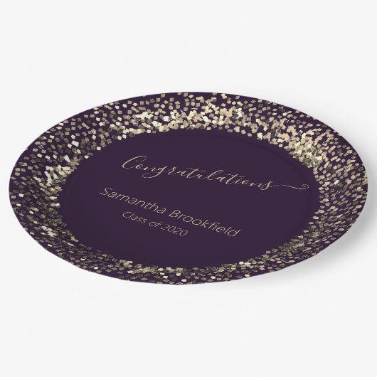 パーソナライズされた卒業パープル金ゴールドグリッター ペーパープレート (アングル)