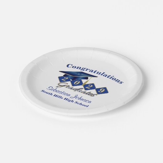 パーソナライズされた卒業ブルー&金ゴールド ペーパープレート (アングル)