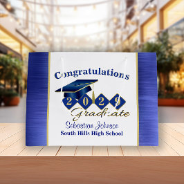 パーソナライズされた卒業ブルー&金ゴールド ラージペーパーバッグ