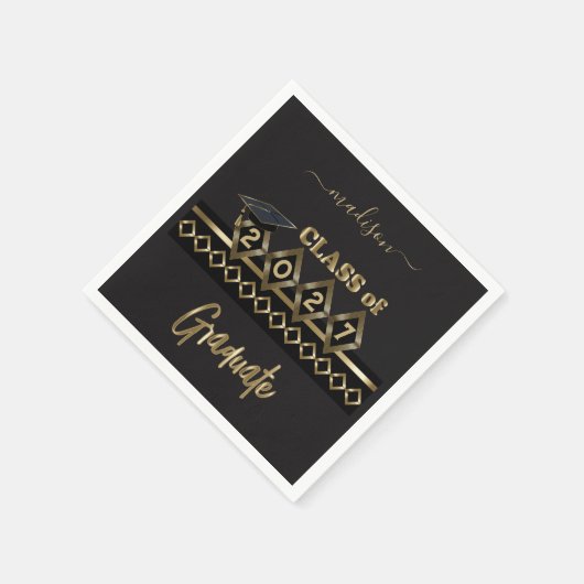 パーソナライズされた卒業生 – 黒と金ゴールド スタンダードカクテルナプキン (角)