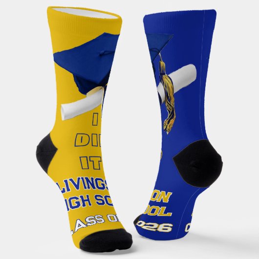 パーソナライズされた卒業用ソックス王室の – 青と金ゴールド ソックス (傾斜あり)