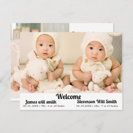 パーソナライズされた双子の誕生の発表 ポストカード (正面/裏面)