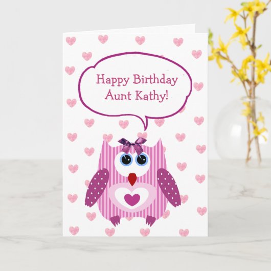 パーソナライズされた叔母用ピンクフクロウハッピーバースデーカード カード (黄色い花)