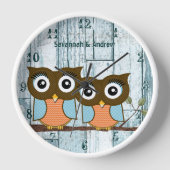 パーソナライズされた古い rustic 水色の木製 ラブバード ふくろう 壁時計 (正面)