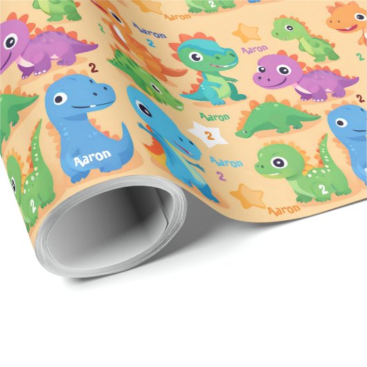 パーソナライズされた可愛いお洒落恐竜誕生日 ラッピングペーパー (ロールコーナー)