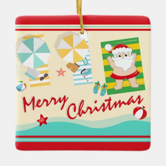 パーソナライズされた可愛いサンタのビーチクリスマス セラミックオーナメント (正面)