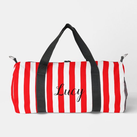パーソナライズされた可愛い赤ストライプ白ヴィンテージ ダッフルバッグ (正面)
