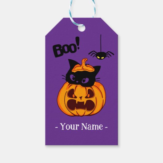パーソナライズされた可愛い黒猫ジャック・オランタン・ブー ギフトタグ (正面)