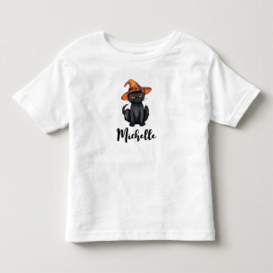 パーソナライズされた名前がキュートなハロウィンの黒猫 トドラーTシャツ