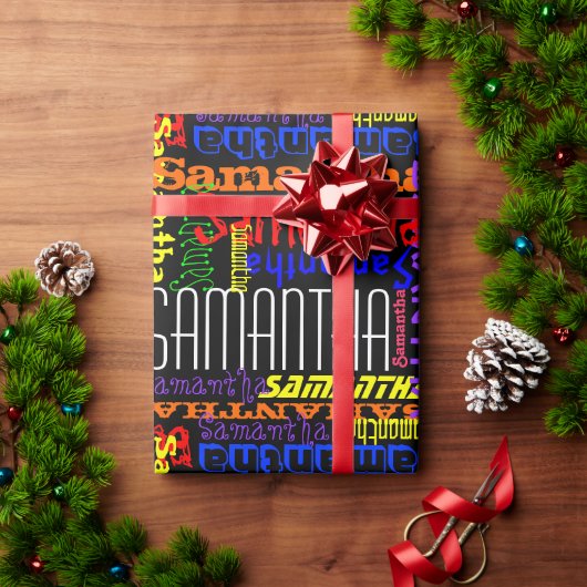 パーソナライズされた名前をカスタムするコラージュカラフル誕生日 ラッピングペーパー (クリスマスギフト)