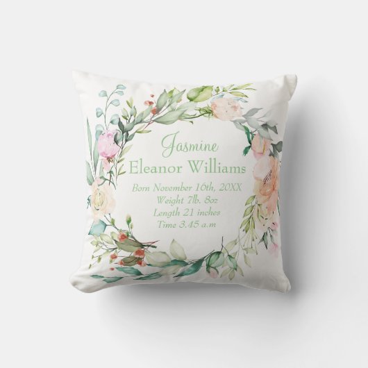 パーソナライズされた夏のバラの花環 赤ちゃんの出生統計 クッション (正面)