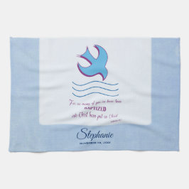 パーソナライズされた大人のバプテスマが青に鳩 キッチンタオル