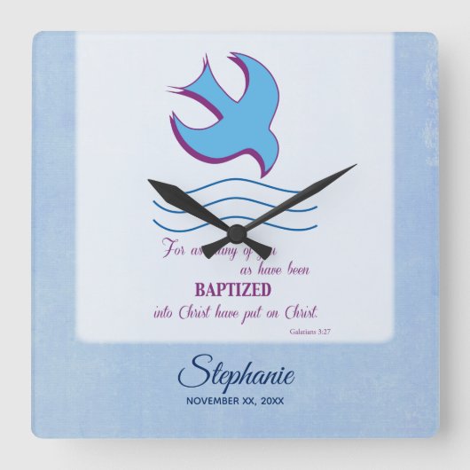 パーソナライズされた大人のバプテスマが青に鳩 スクエア壁時計 (正面)