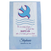 パーソナライズされた大人のバプテスマが青に鳩 ミディアムペーパーバッグ (正面)