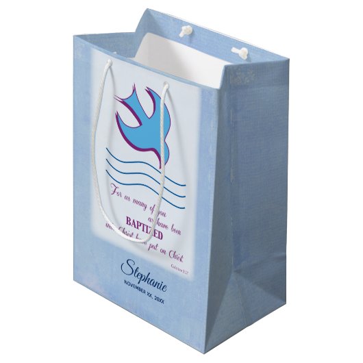 パーソナライズされた大人のバプテスマが青に鳩 ミディアムペーパーバッグ (正面アングル)