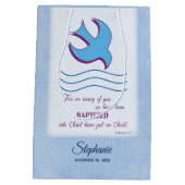 パーソナライズされた大人のバプテスマが青に鳩 ミディアムペーパーバッグ (裏面)