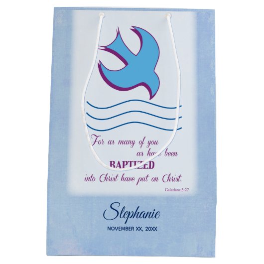 パーソナライズされた大人のバプテスマが青に鳩 ミディアムペーパーバッグ (裏面)