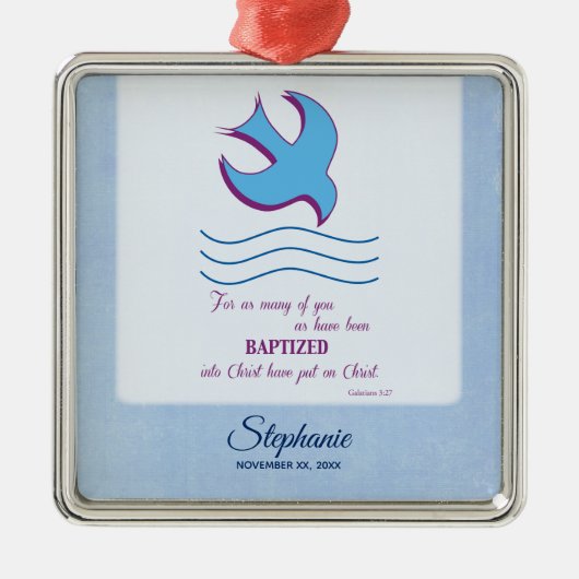 パーソナライズされた大人のバプテスマが青に鳩 メタルオーナメント (正面)