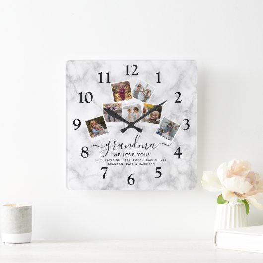 パーソナライズされた大理石おばあちゃんの写真コラージュ家族 スクエア壁時計 (ホーム)