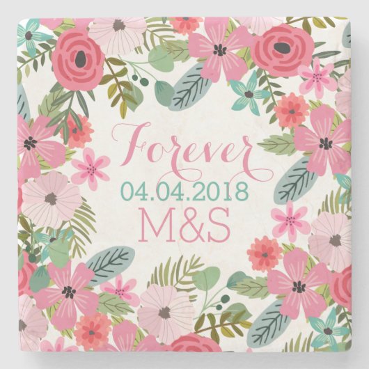 パーソナライズされた大理石コースターフローラ結婚 ストーンコースター (正面)