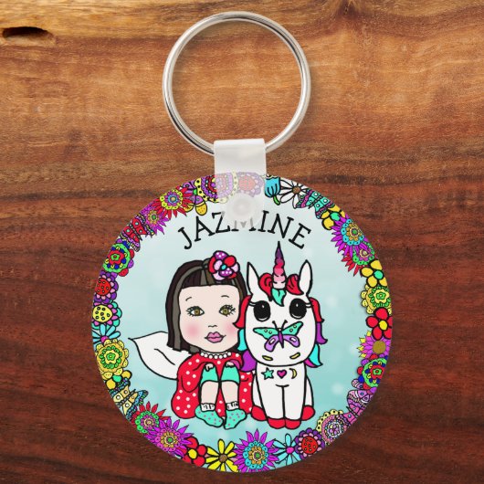 パーソナライズされた妖精とユニコーンのキーチェーン キーホルダー (正面)