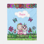 パーソナライズされた妖精、花と蝶ガールズ フリースブランケット (正面)