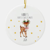 パーソナライズされた子のトナカイ初めてのクリスマス セラミックオーナメント (正面)