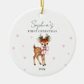 パーソナライズされた子のトナカイ初めてのクリスマス セラミックオーナメント (正面)