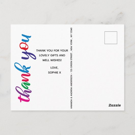 パーソナライズされた子供の誕生日カラフルありがとう ポストカード (裏面)