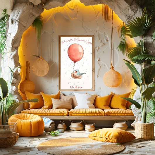 パーソナライズされた子供部屋アート – 赤いバルーン付き鳥 ポスター