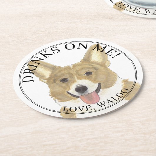 パーソナライズされた子犬と白コーギドッグ結婚ズ ラウンドペーパーコースター (アングル)