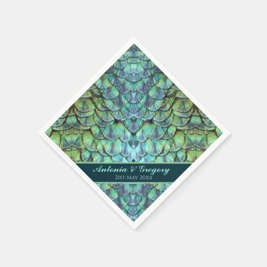 パーソナライズされた孔雀の羽結婚の紙ナプキン スタンダードカクテルナプキン (角)